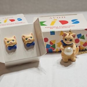 Vintage Pierced Earrings Necklace Set Tabby Cat Tabbitha Collection Goldtone 90s